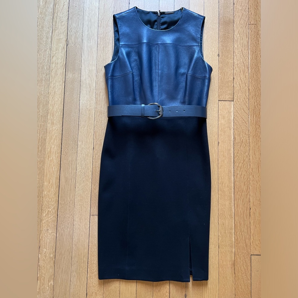 TAHARI Dress Leather Bodice, Ponte Skirt, Matching belt.  Dry clean Only.